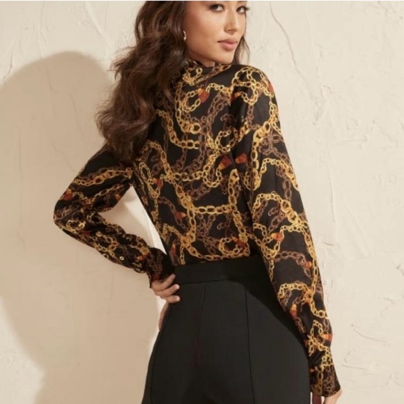 New Marciano logo guess gold chain printed long sleeve collar button blouse S - Picture 4 of 9